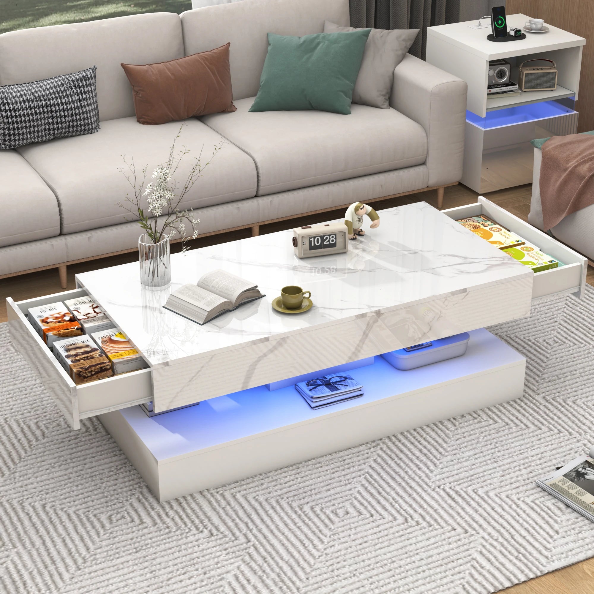 LED Coffee Table with Storage — Modern Faux Marble Coffee Table with Drawers for Living Room