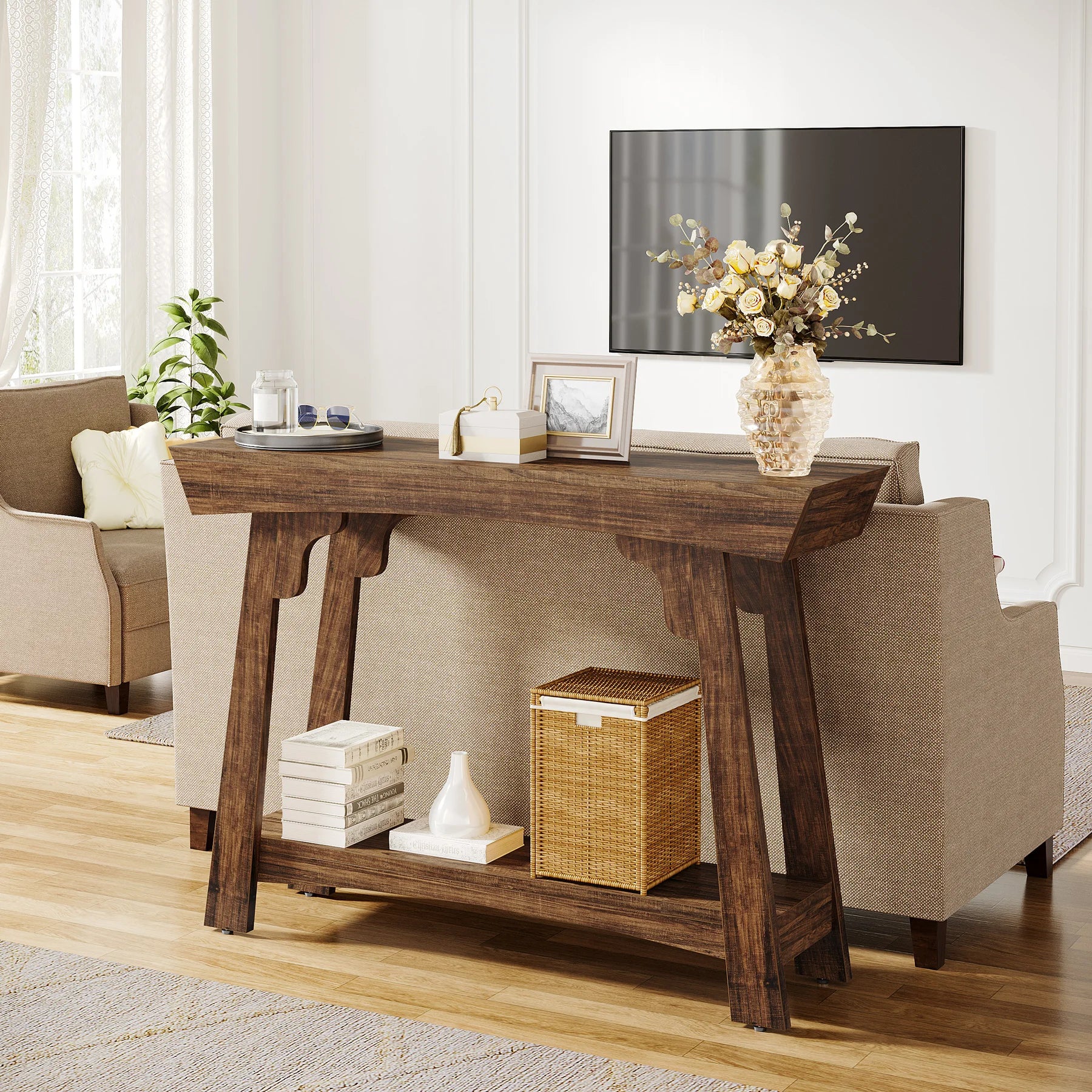 Rustic Wood Console Table with Storage Shelf for Entryway — 41" Narrow