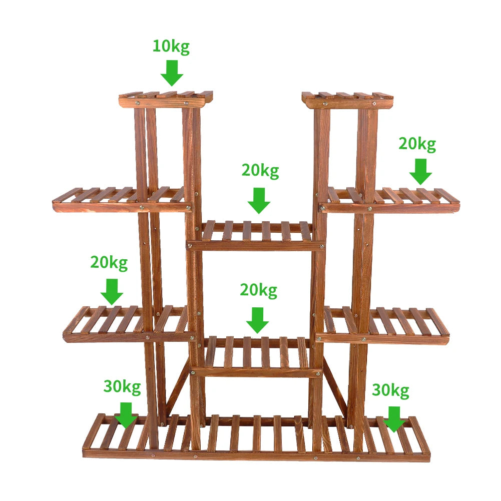 Carbonized Wood Plant Stand with Multi-Tier Slatted Shelves for Living Room — Holds 9+ Pots