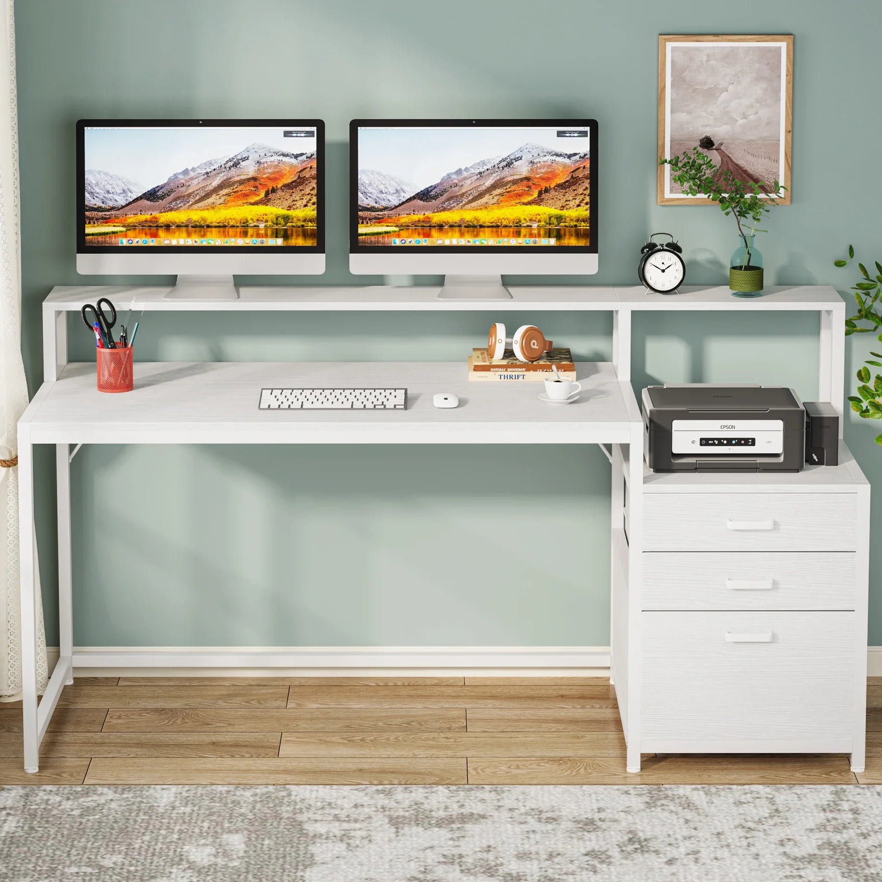 Industrial Computer Desk with File Drawer Cabinet and Monitor Stand for Home Office — 63"