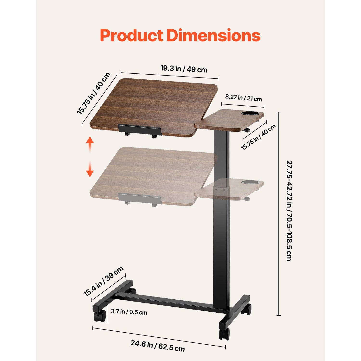 Walnut Mobile Laptop Table with Tilting Top & Casters for Bedside — Height-Adjustable Overbed Desk