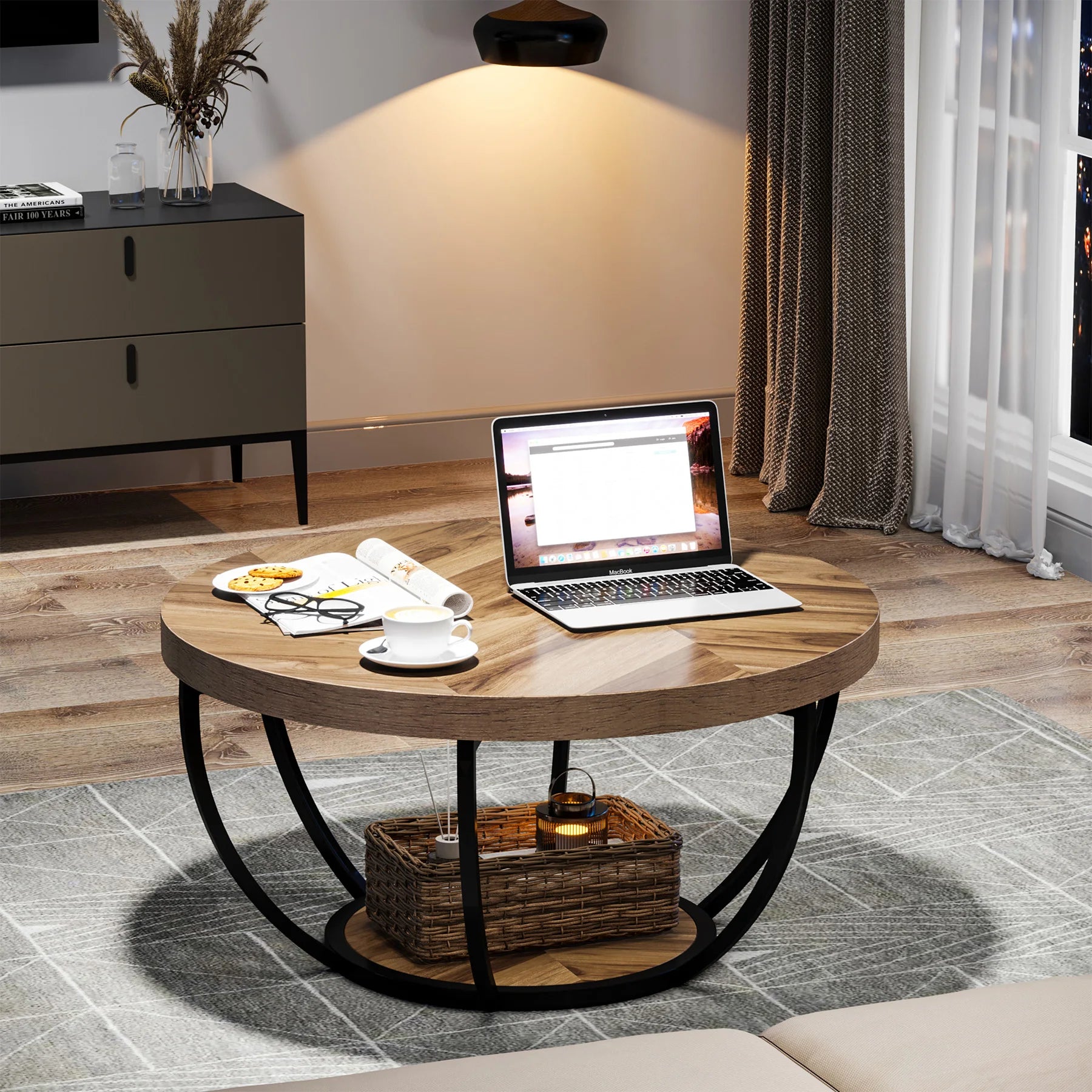 Round Industrial Coffee Table with Storage Shelf for Living Room — 31.7" Oak