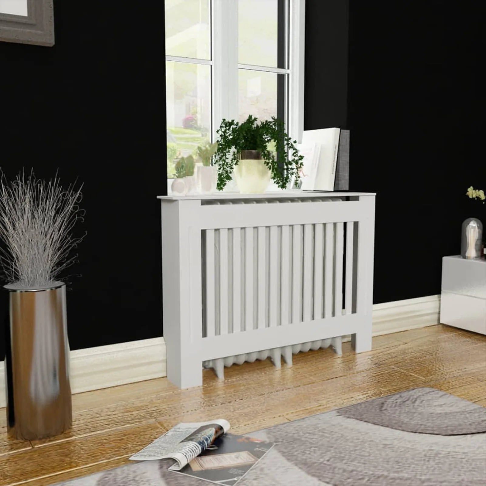 Slatted White Radiator Cover Cabinet with Display Shelf for Living Room — Medium 44"