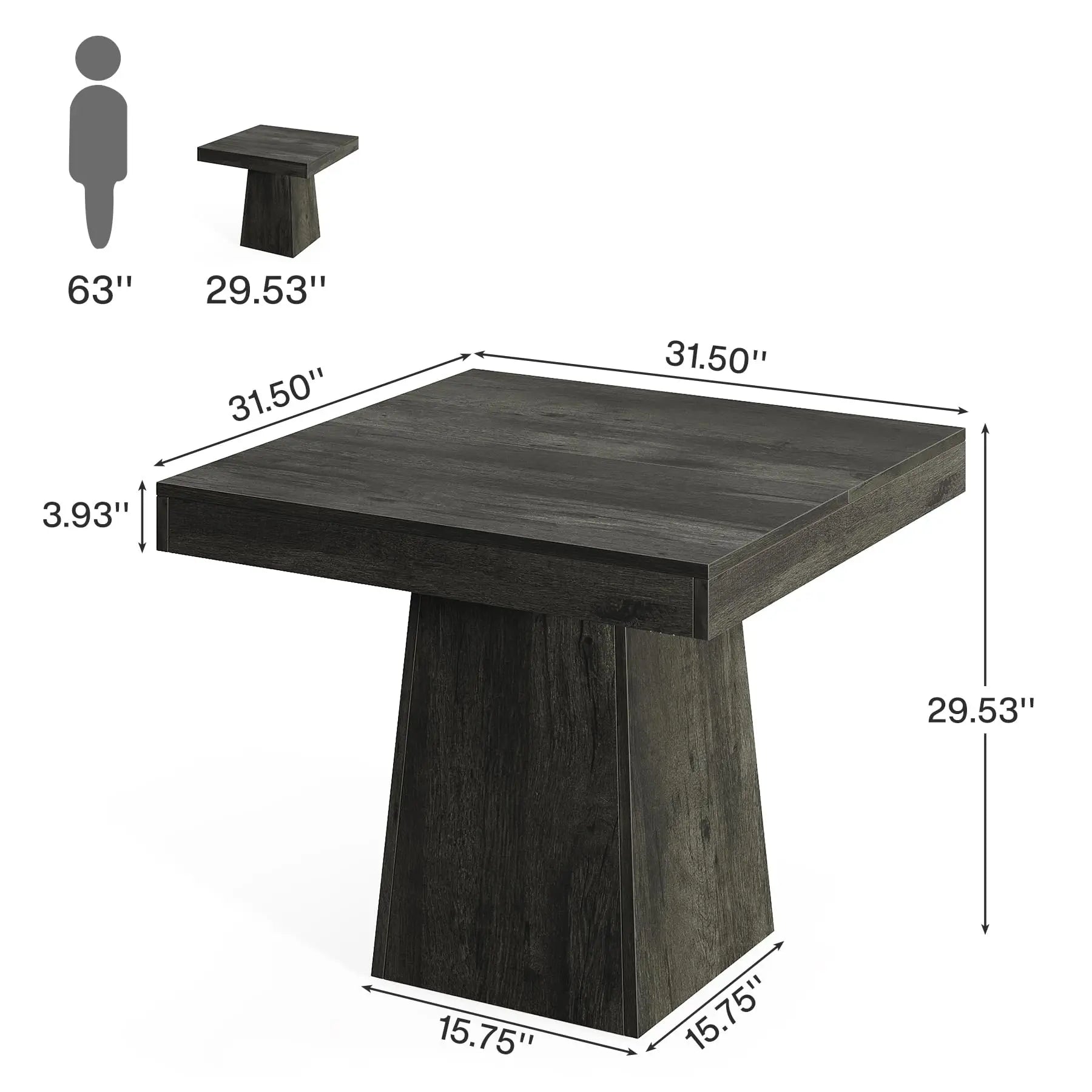 Farmhouse Square Dining Table with Pedestal Base for 4 — 31.5" Charcoal Wood