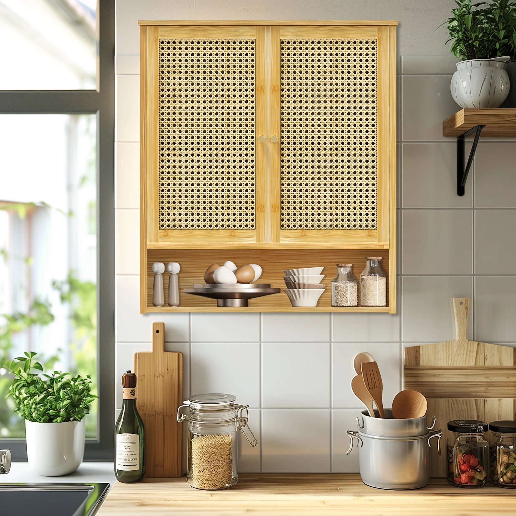 Natural Rattan Wall-Mounted Bathroom Cabinet with Cane Doors and Open Shelf for Bath — 23"H