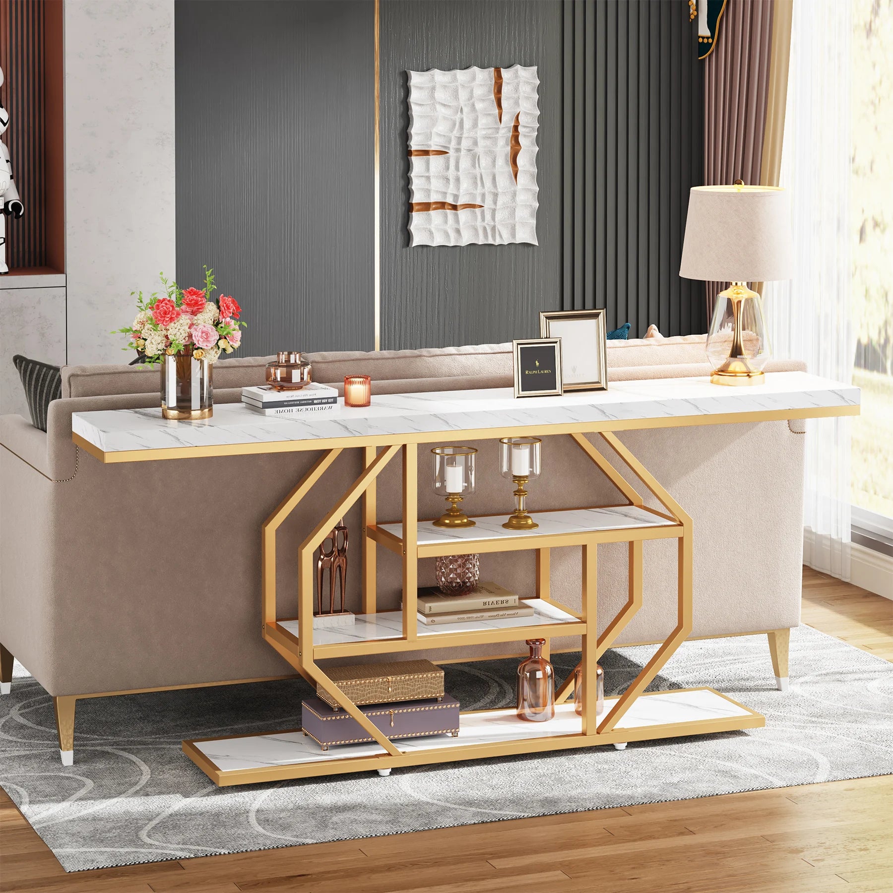 Faux Marble Gold Console Table with Storage Shelves for Entryway — 70" Behind-Sofa