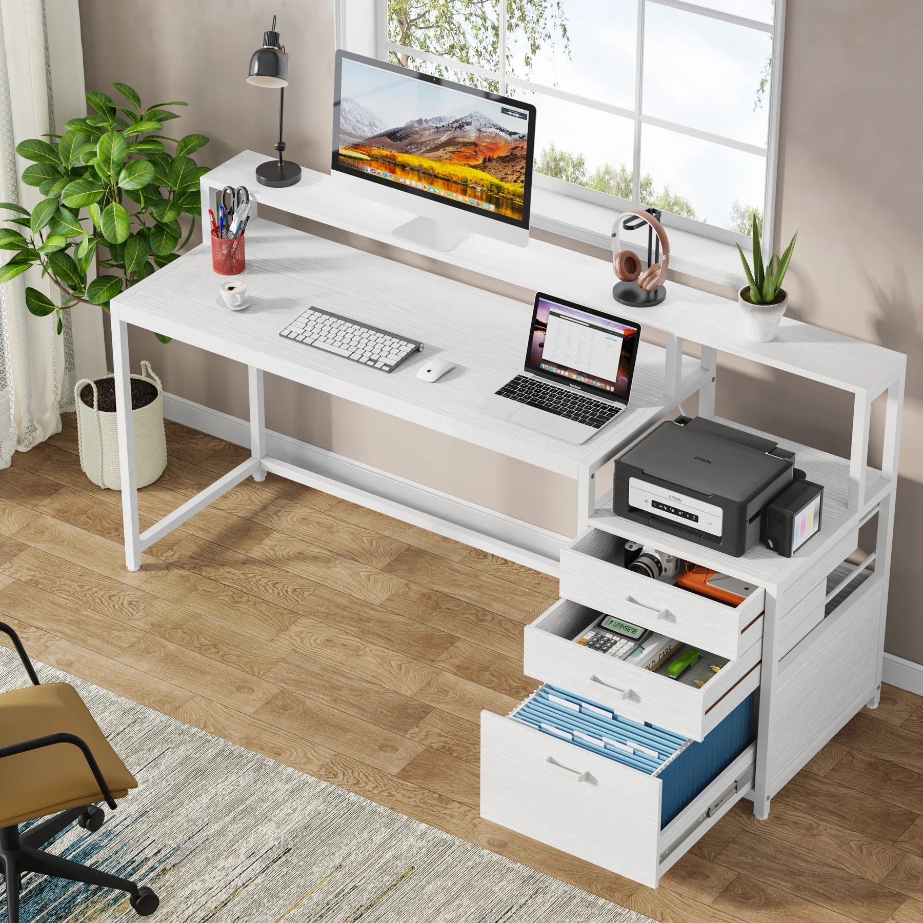 Industrial Computer Desk with File Drawer Cabinet and Monitor Stand for Home Office — 63"