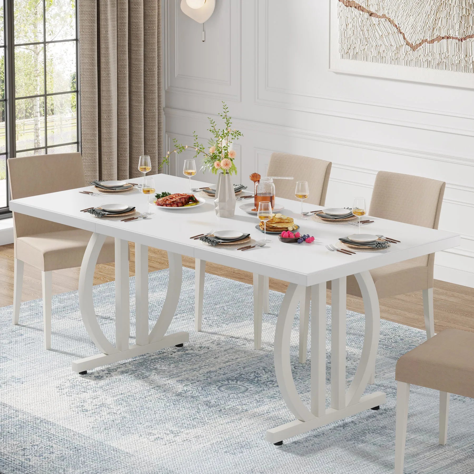 Modern Black 63" Dining Table with Curved Metal Pedestal Base for Kitchen — Seats 6