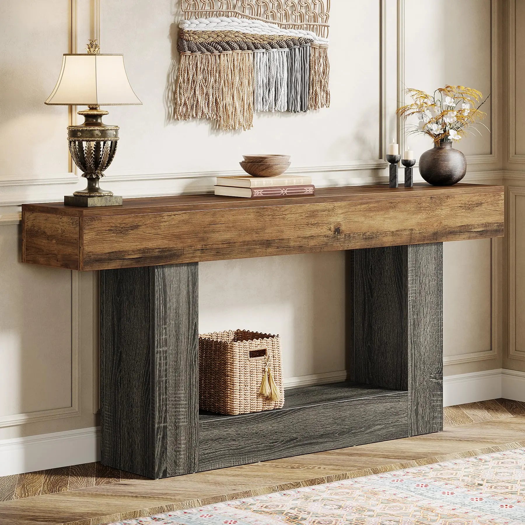 Two-Tone Farmhouse Console Table with Lower Shelf for Entryway — 63"