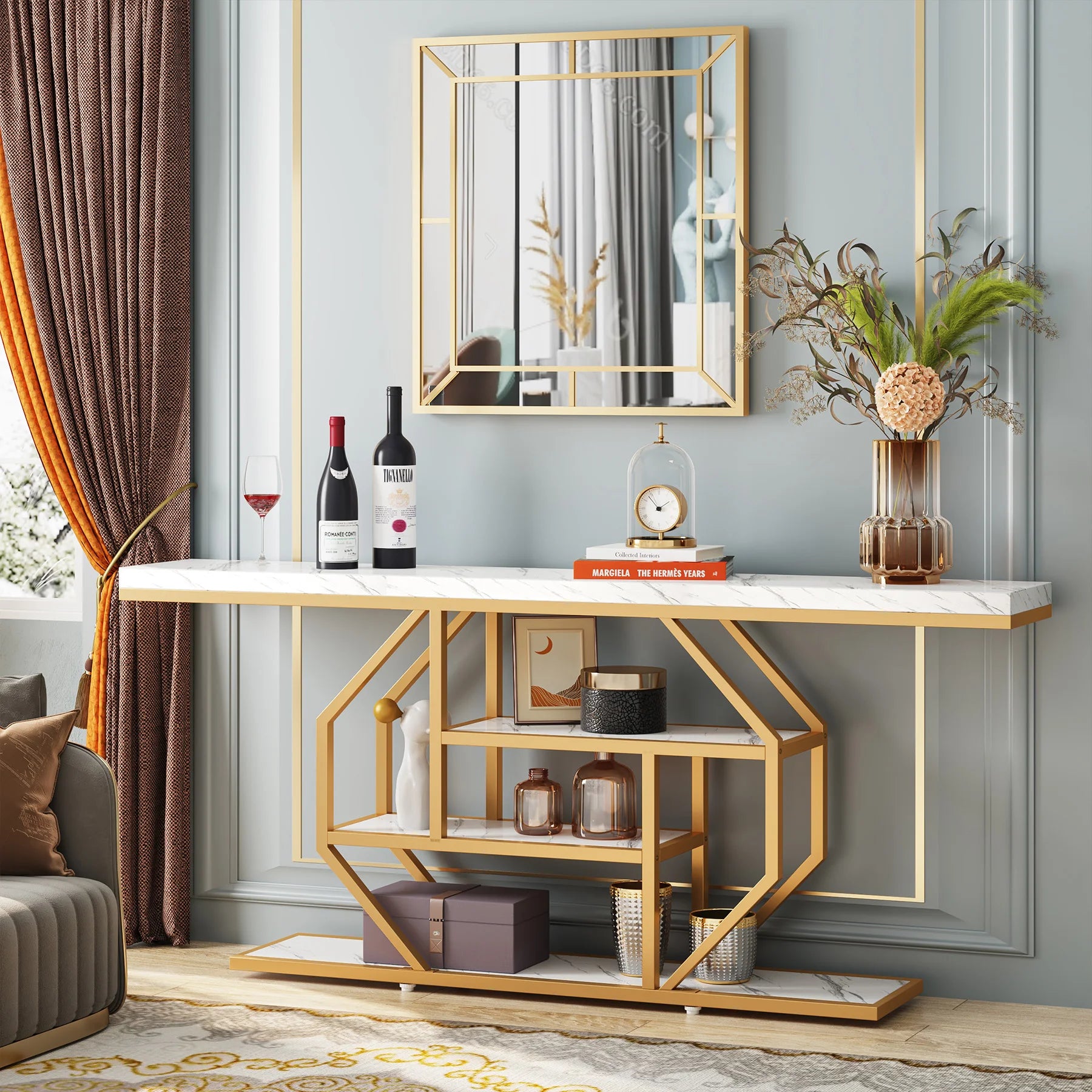 Faux Marble Gold Console Table with Storage Shelves for Entryway — 70" Behind-Sofa