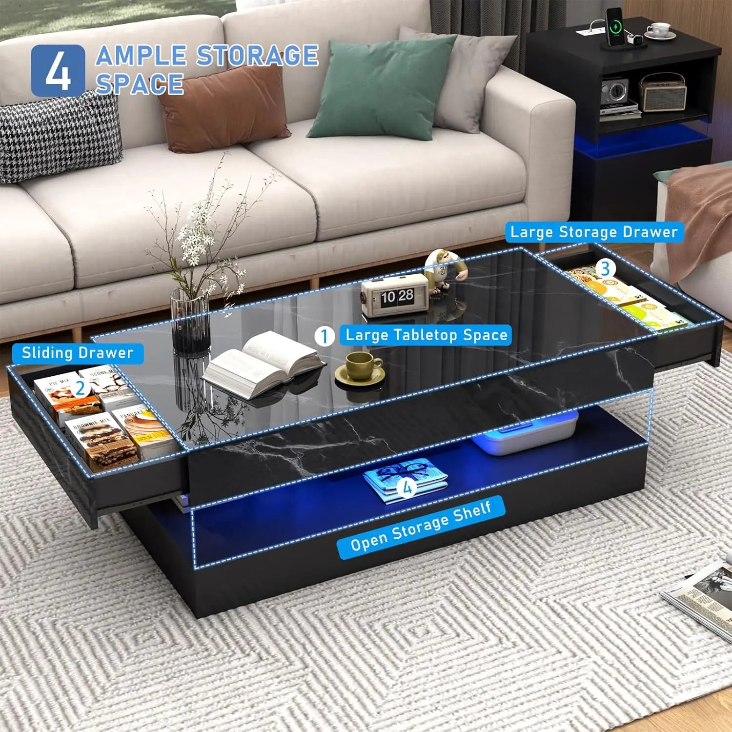 LED Coffee Table with Storage — Modern Faux Marble Coffee Table with Drawers for Living Room