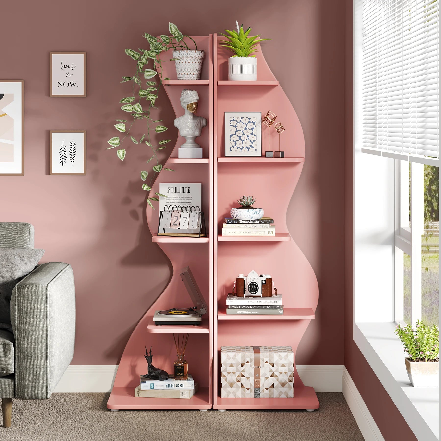 White Wave 5-Tier Corner Bookshelf with Curved Silhouette for Living Room — 65"H Floor Shelf