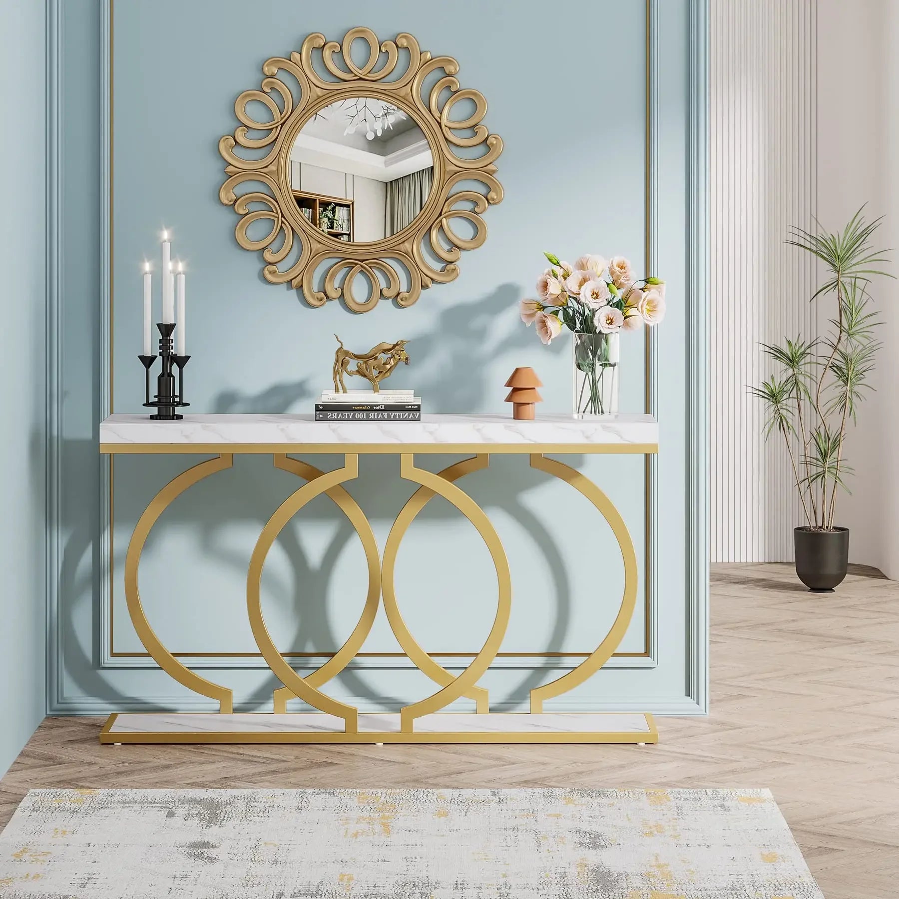 Faux Marble Console Table, 55" Gold Entryway Table — Narrow Sofa Table for Living Room & Hallway