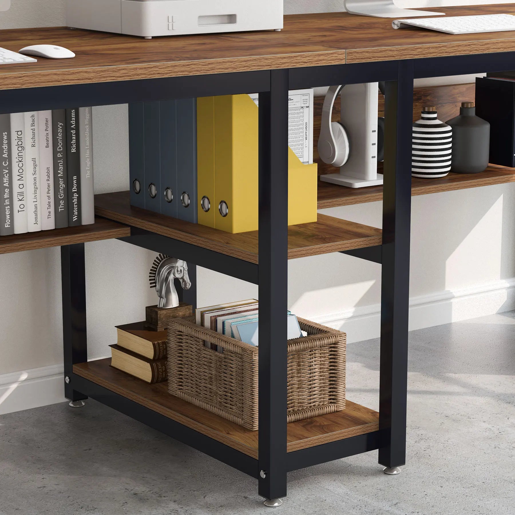Rustic Two-Person Desk with Bookshelf for Home Office — 78.7in Double Workstation