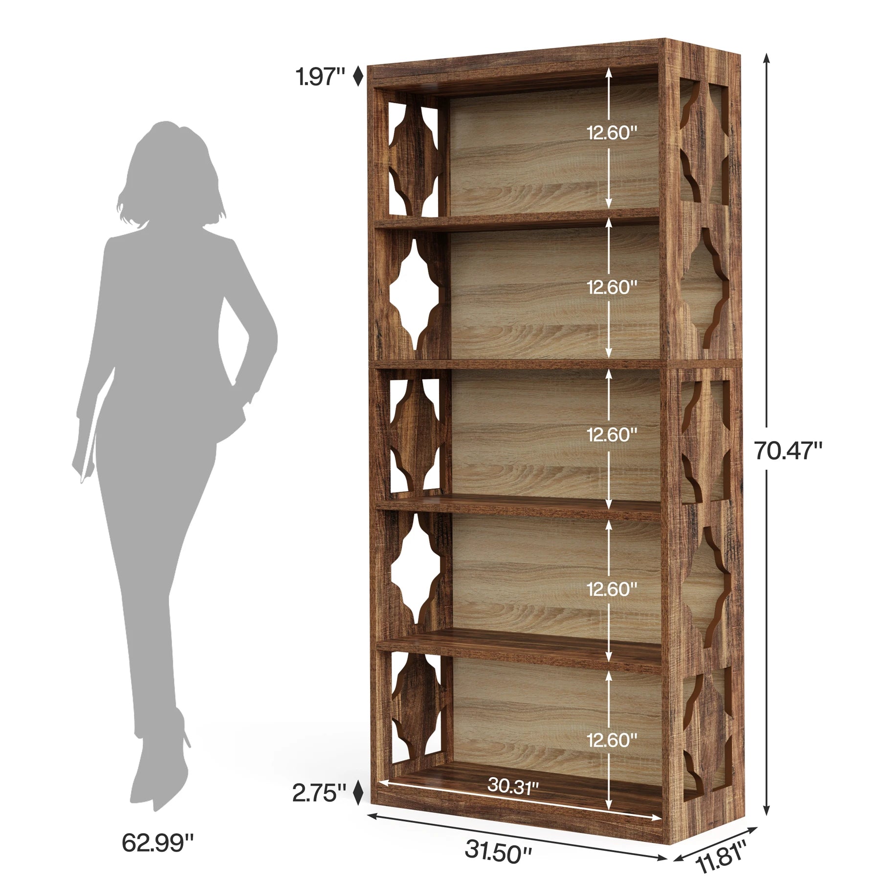 Industrial 6-Tier Bookcase with X-Frame for Living Room — 71in Tall Open Bookshelf
