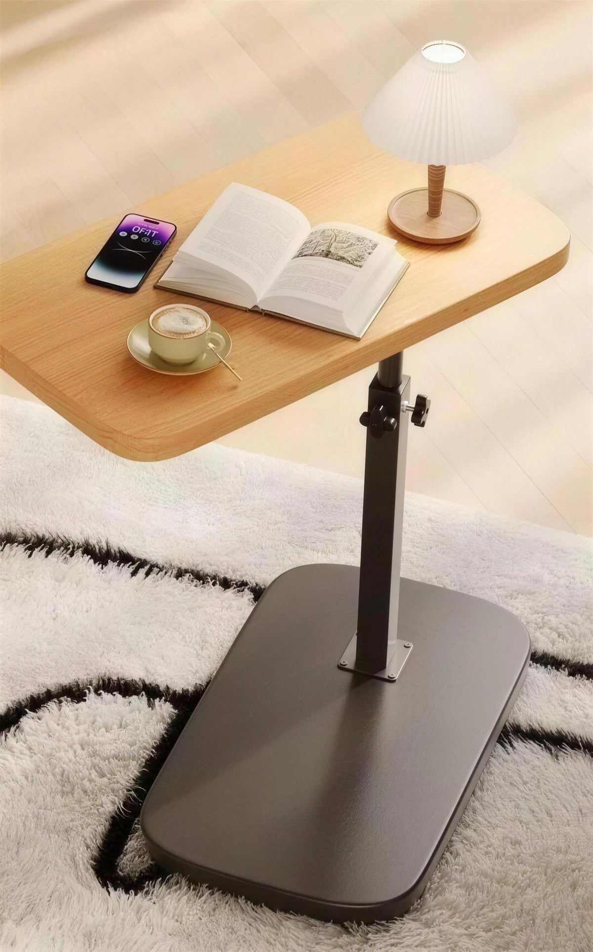 C shaped side table - Height adjustable table - solid wood surface, movable side end