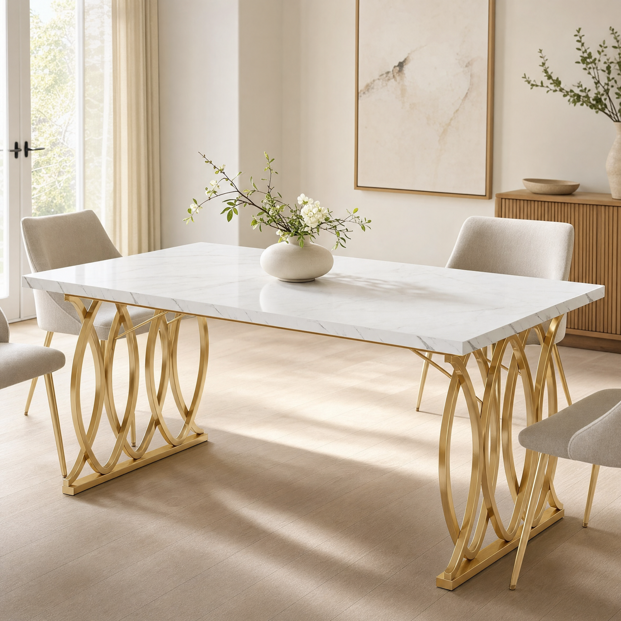 Faux Marble Dining Table with Gold Base for 4-6 People — 63"