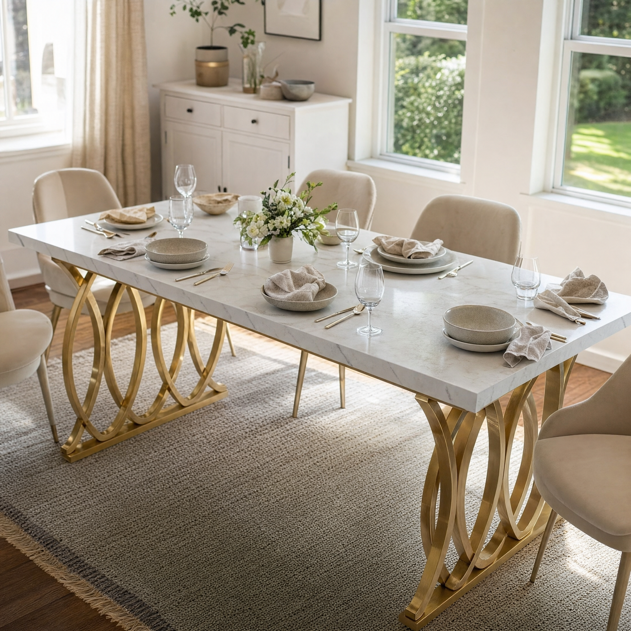 Faux Marble Dining Table with Gold Base for 4-6 People — 63"