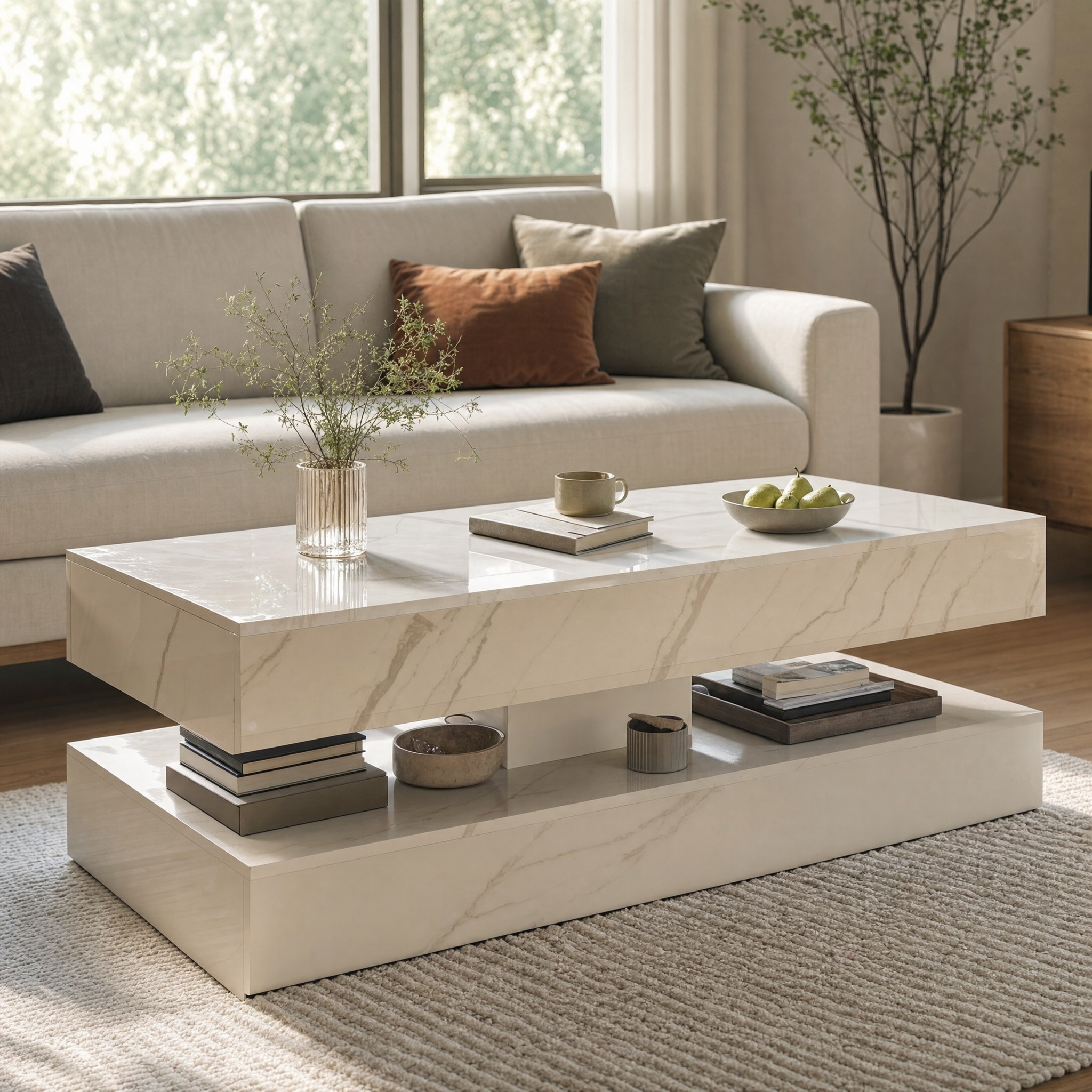 LED Coffee Table with Storage — Modern Faux Marble Coffee Table with Drawers for Living Room