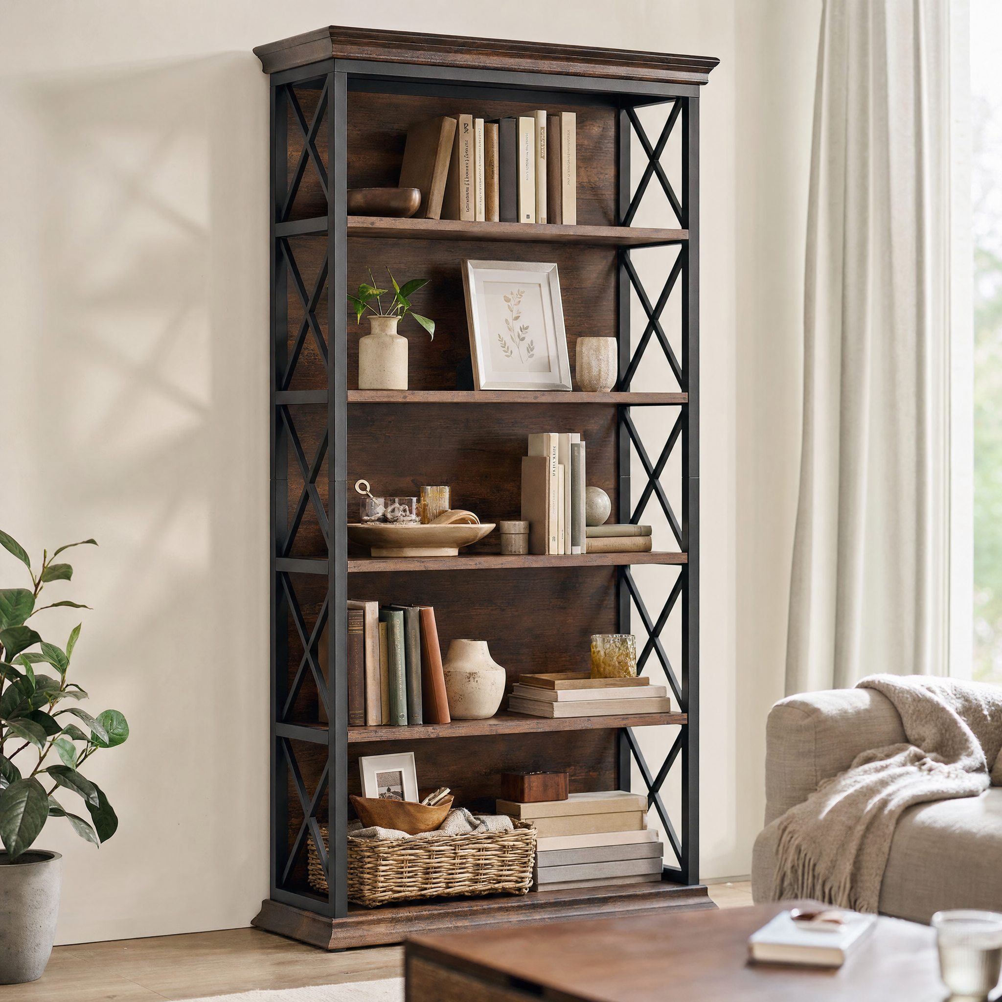 Industrial 6-Tier Bookcase with X-Frame for Living Room — 71in Tall Open Bookshelf