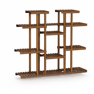 Carbonized Wood Plant Stand with Multi-Tier Slatted Shelves for Living Room — Holds 9+ Pots