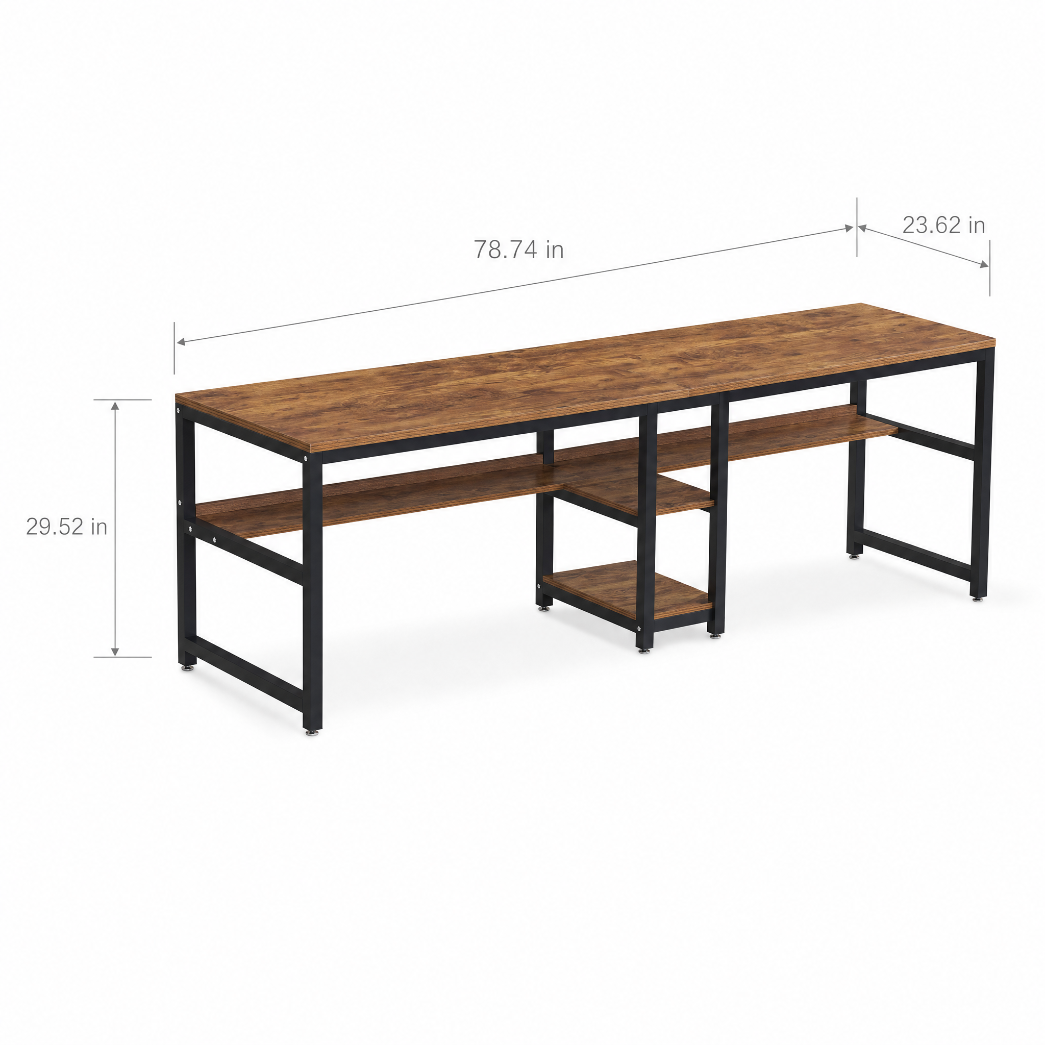 Rustic Two-Person Desk with Bookshelf for Home Office — 78.7in Double Workstation