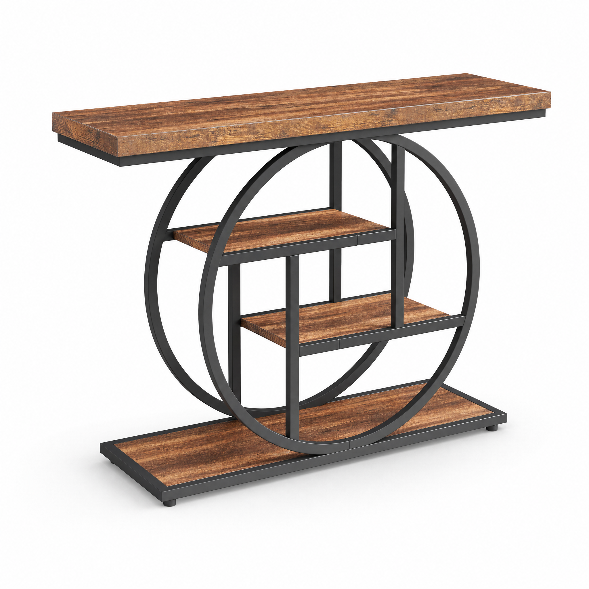 Rustic Wood 4-Tier Console Table with Round Metal Frame for Entryway — 41.3in