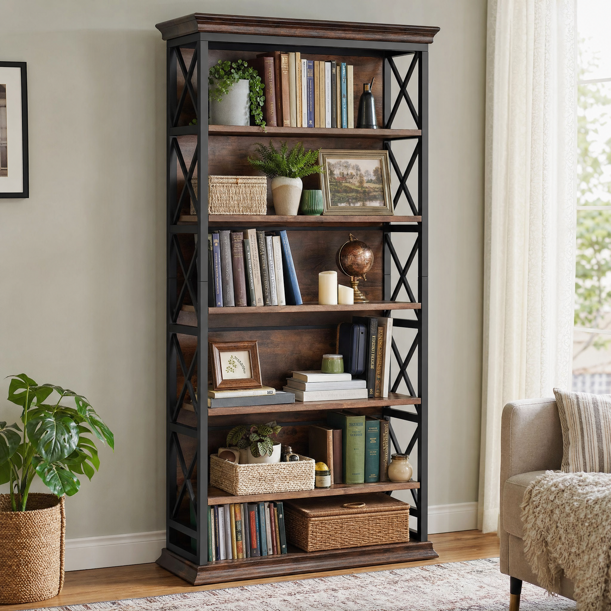 Industrial 6-Tier Bookcase with X-Frame for Living Room — 71in Tall Open Bookshelf