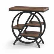 Rustic Wood 3-Tier Side Table with Round Metal Frame for Living Room — Narrow