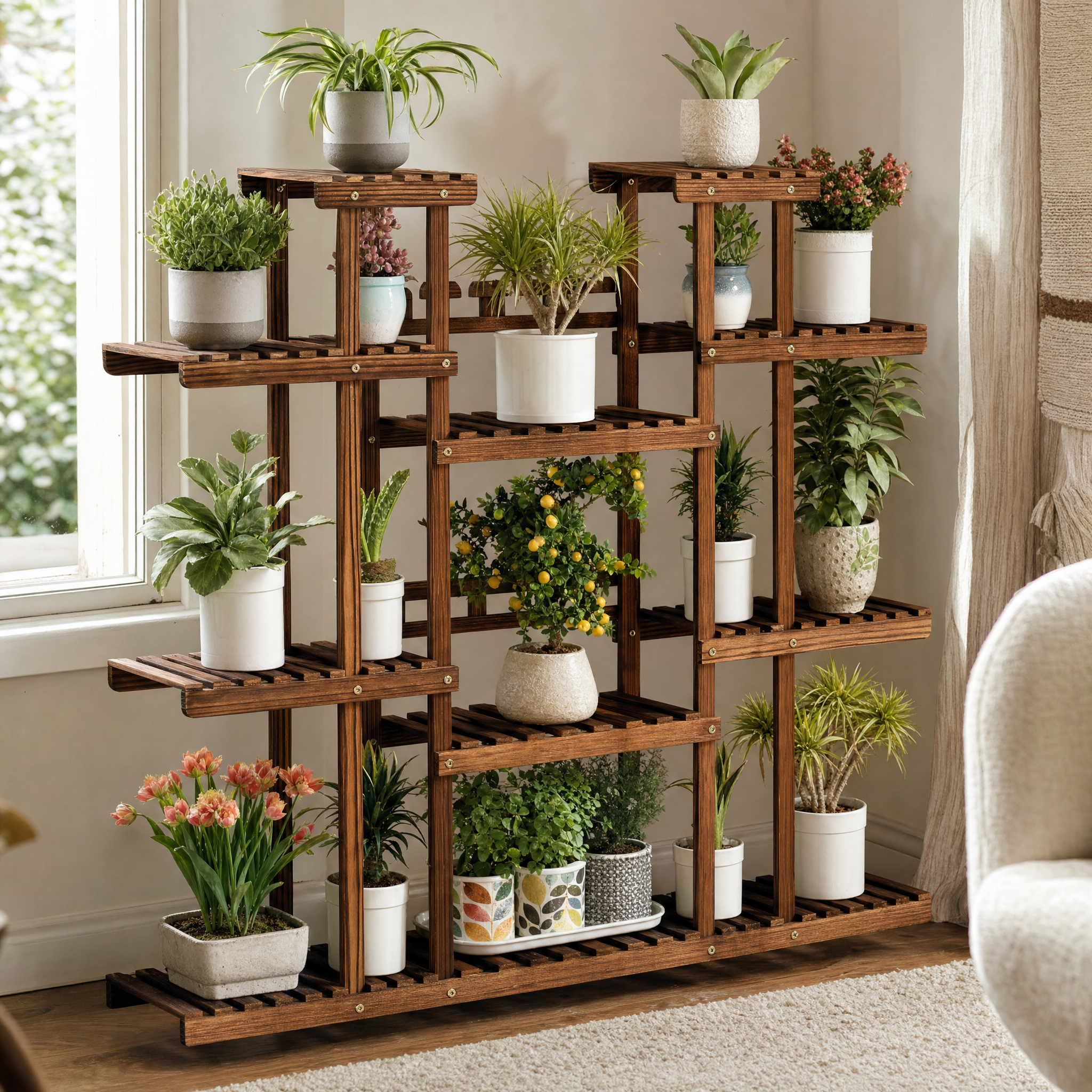 Carbonized Wood Plant Stand with Multi-Tier Slatted Shelves for Living Room — Holds 9+ Pots