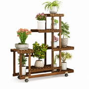Carbonized Pine Plant Stand with Wheels for Living Room — 6-Tier Rolling Display