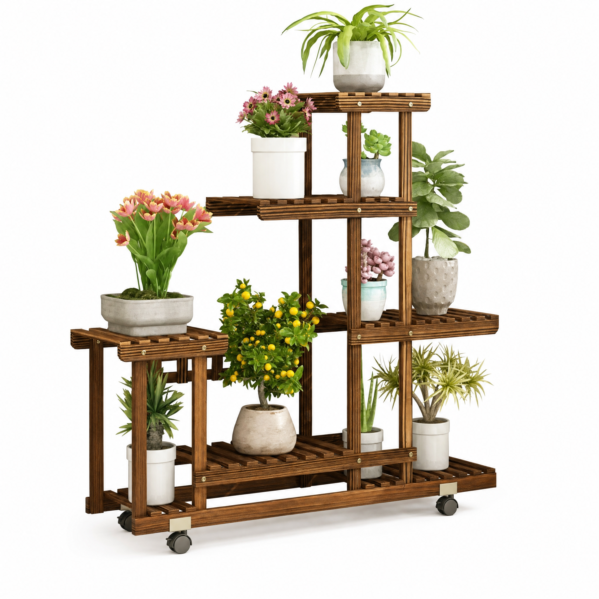 Carbonized Pine Plant Stand with Wheels for Living Room — 6-Tier Rolling Display