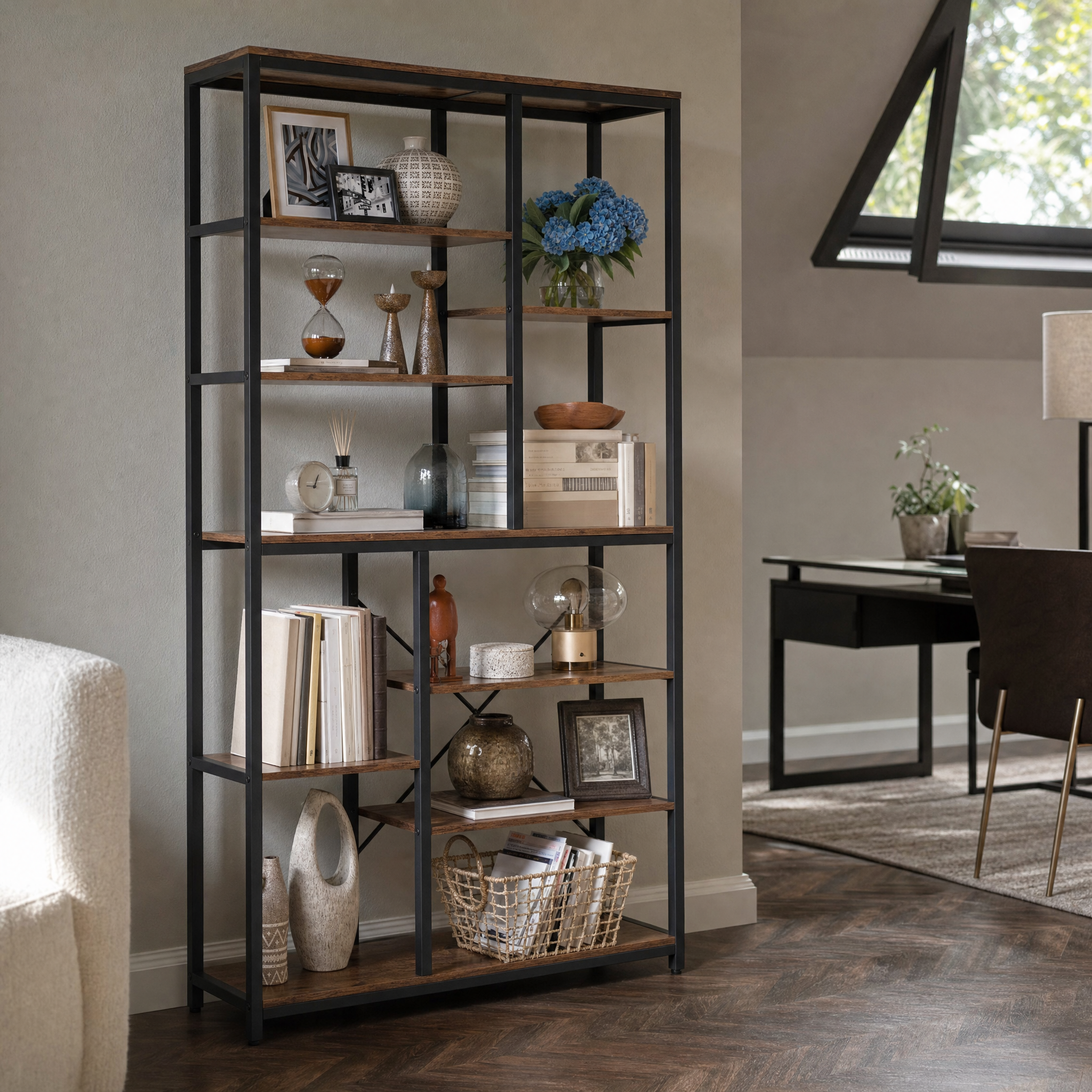 Industrial Bookcase with Open Shelves for Living Room — 79in 9-Tier Etagere