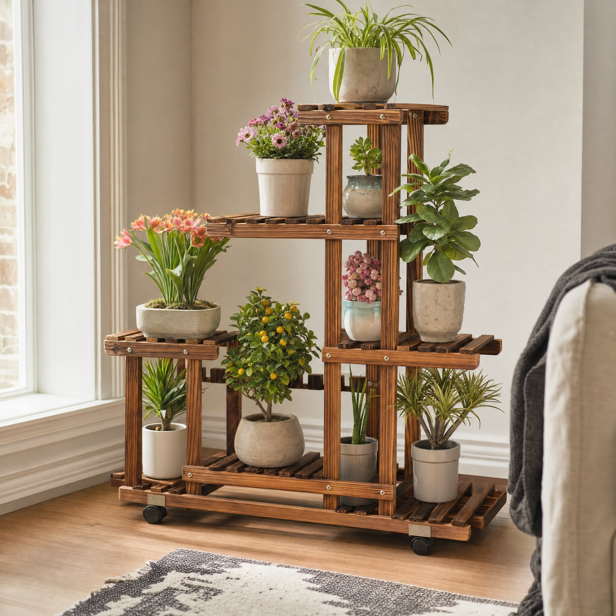 Carbonized Pine Plant Stand with Wheels for Living Room — 6-Tier Rolling Display