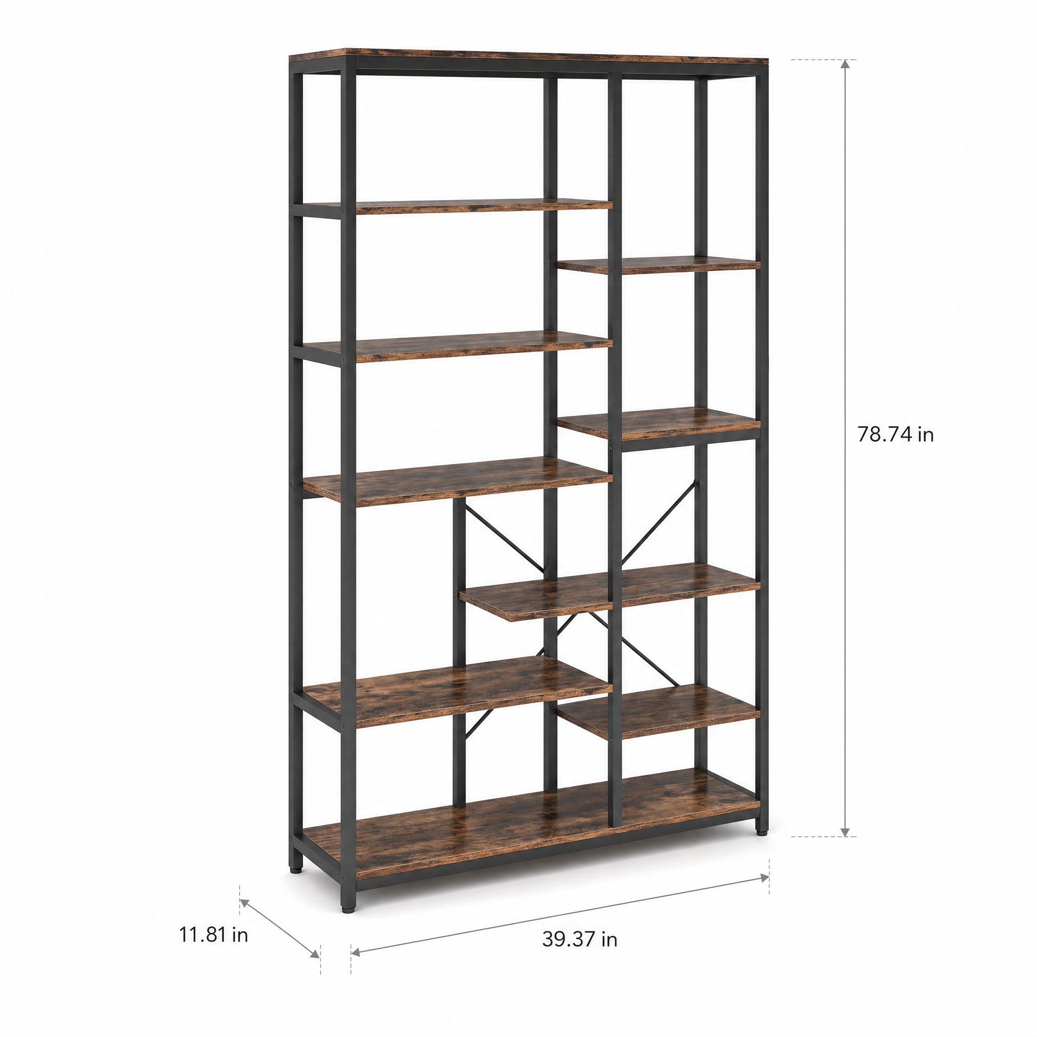 Industrial Bookcase with Open Shelves for Living Room — 79in 9-Tier Etagere