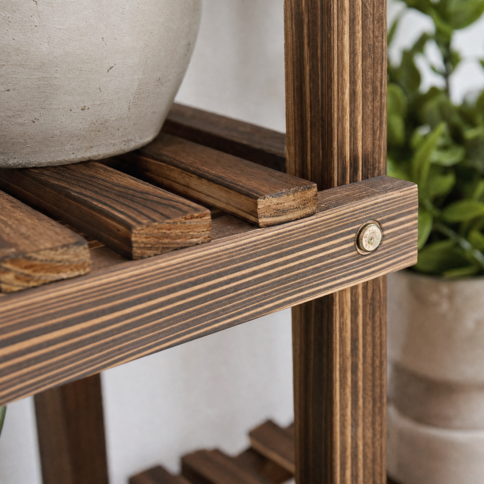 Carbonized Pine Plant Stand with Wheels for Living Room — 6-Tier Rolling Display