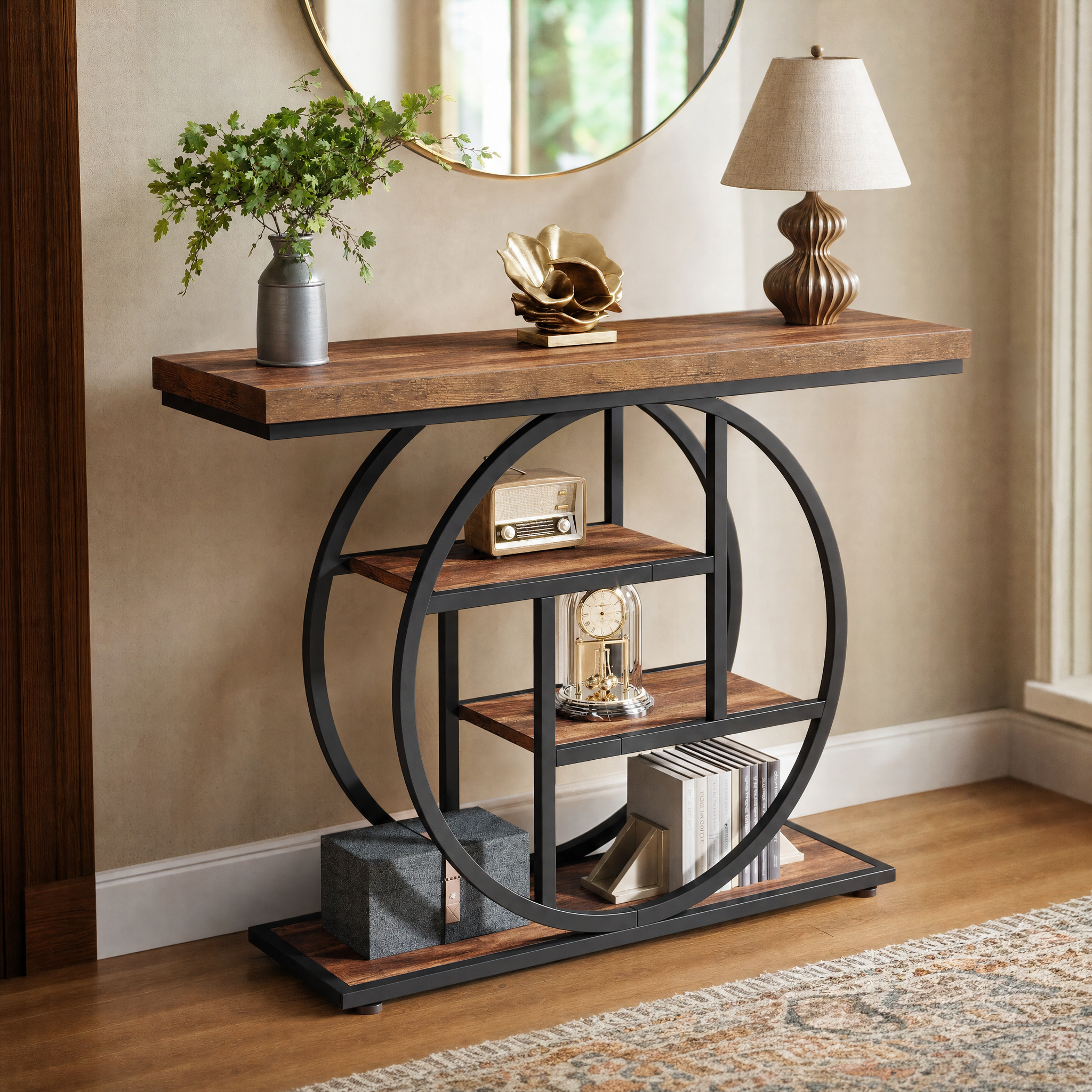 Rustic Wood 4-Tier Console Table with Round Metal Frame for Entryway — 41.3in