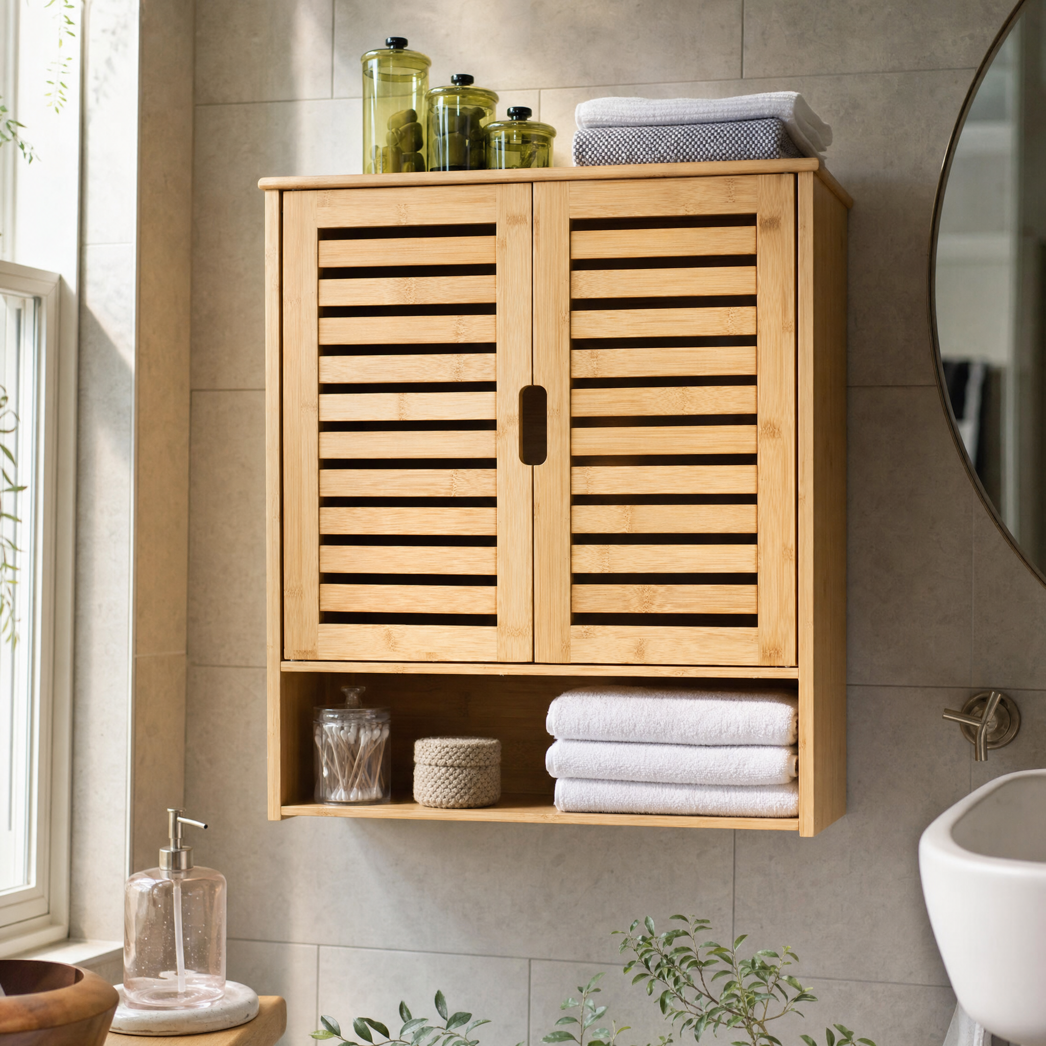 Bamboo Medicine Cabinet with Louvered Doors for Bathroom — 23.6"W Wall-Mounted Storage