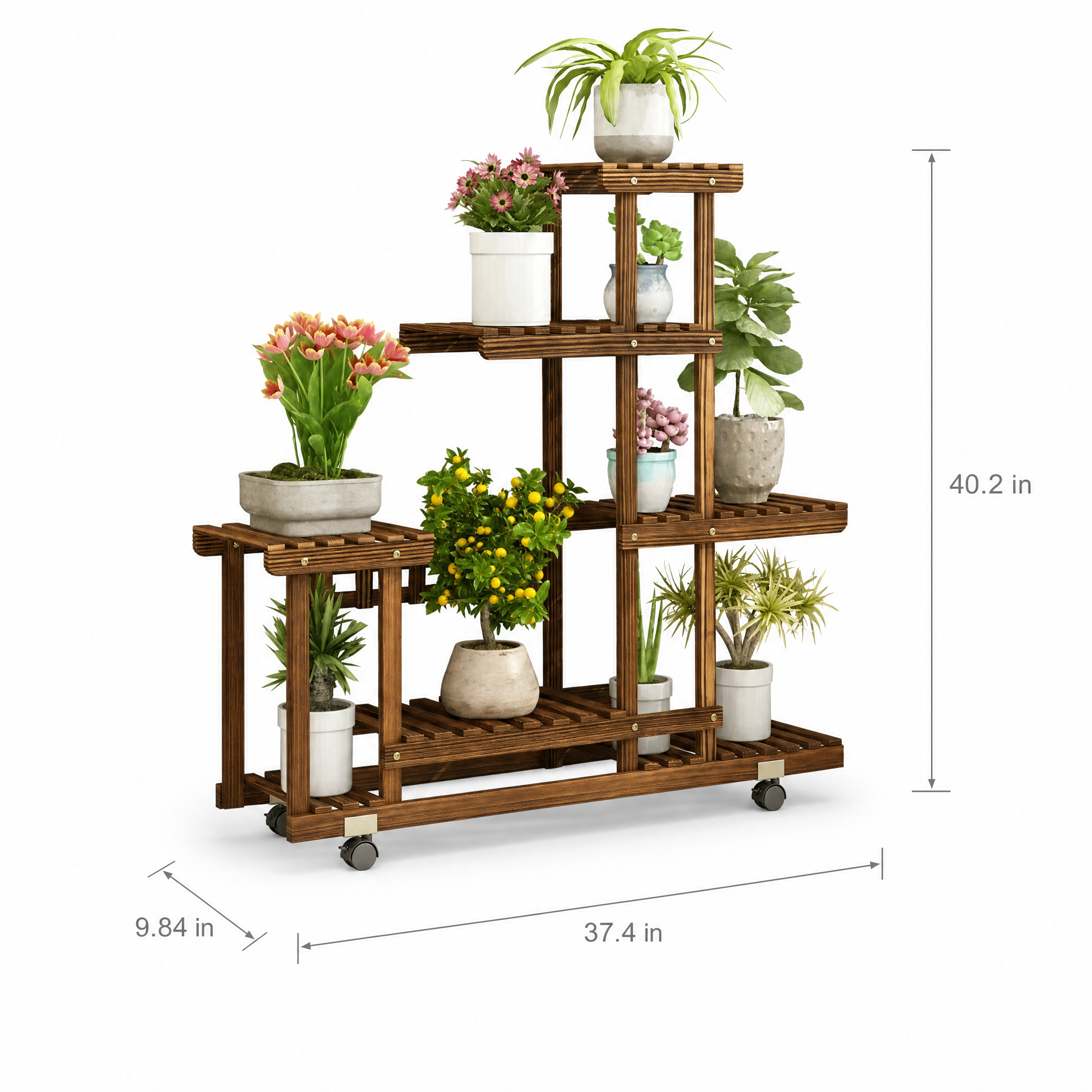 Carbonized Pine Plant Stand with Wheels for Living Room — 6-Tier Rolling Display