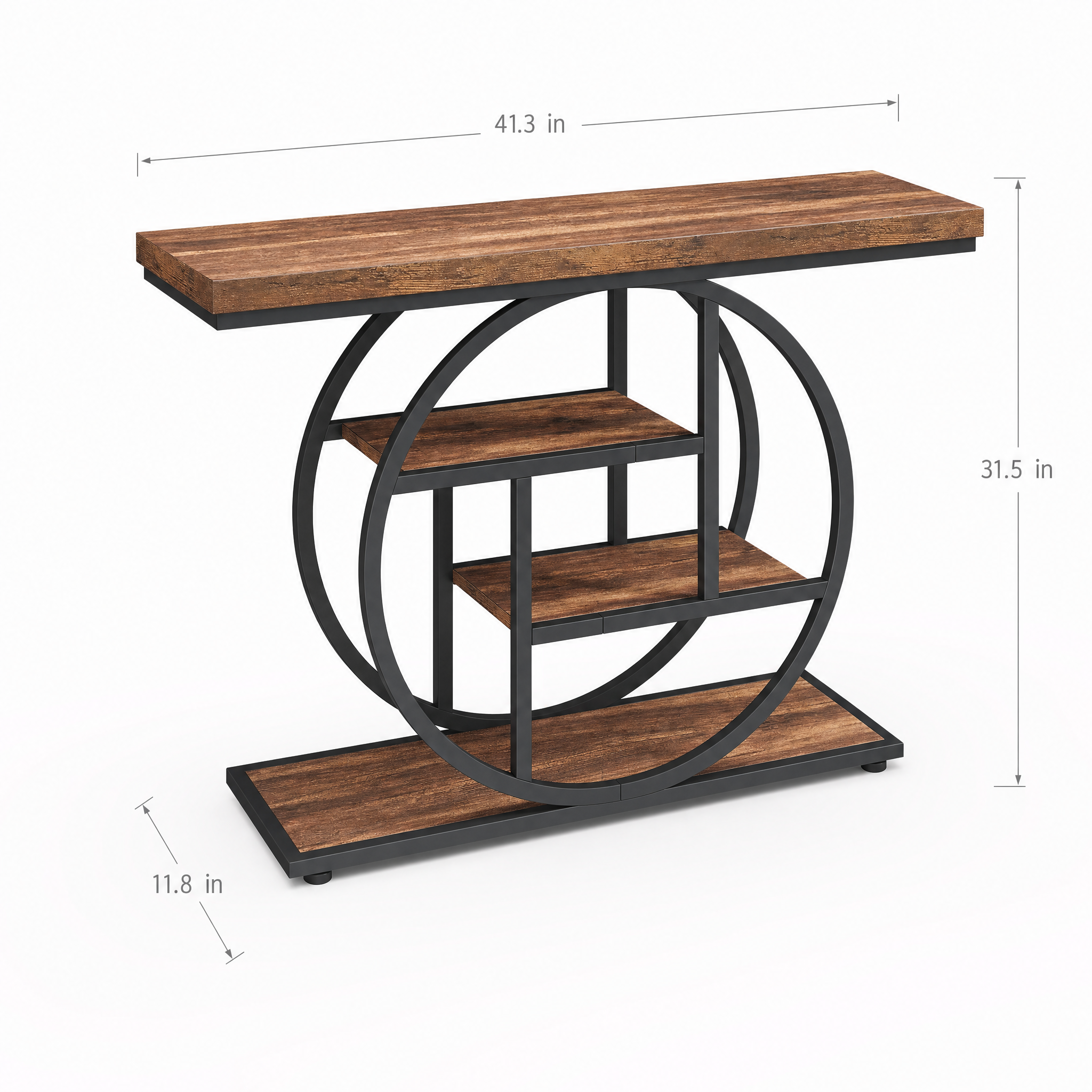 Rustic Wood 4-Tier Console Table with Round Metal Frame for Entryway — 41.3in