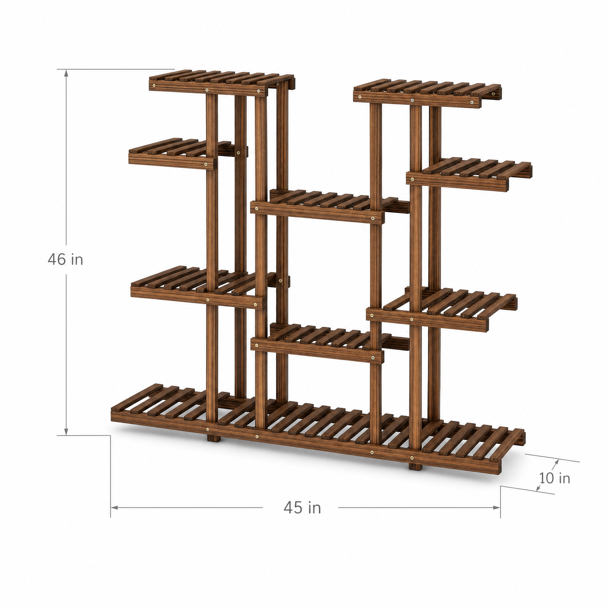Carbonized Wood Plant Stand with Multi-Tier Slatted Shelves for Living Room — Holds 9+ Pots