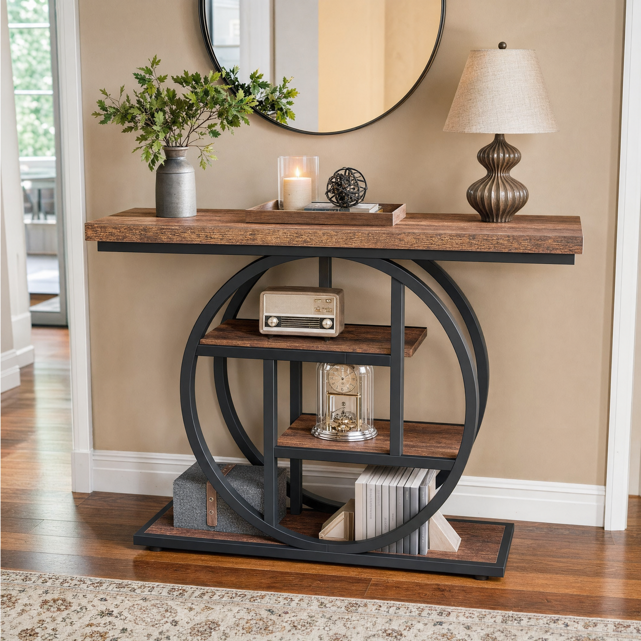 Rustic Wood 4-Tier Console Table with Round Metal Frame for Entryway — 41.3in