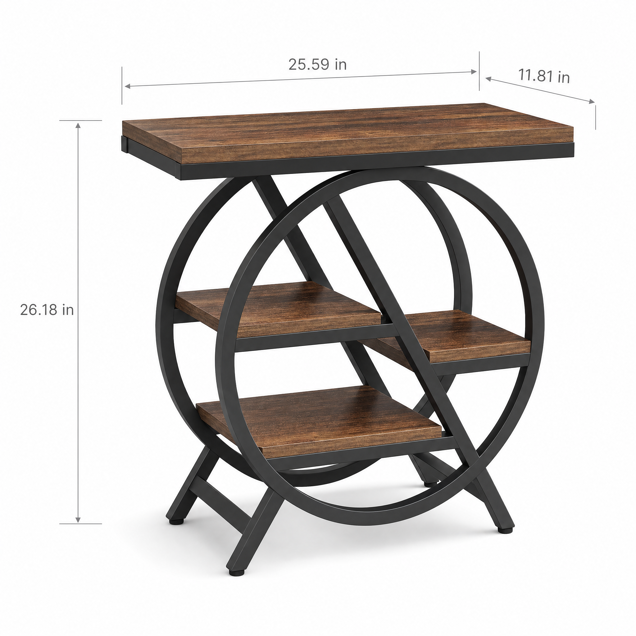 Rustic Wood 3-Tier Side Table with Round Metal Frame for Living Room — Narrow