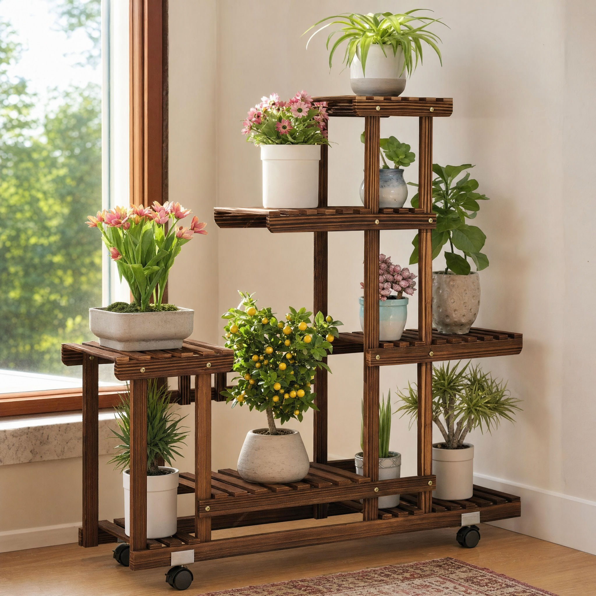 Carbonized Pine Plant Stand with Wheels for Living Room — 6-Tier Rolling Display
