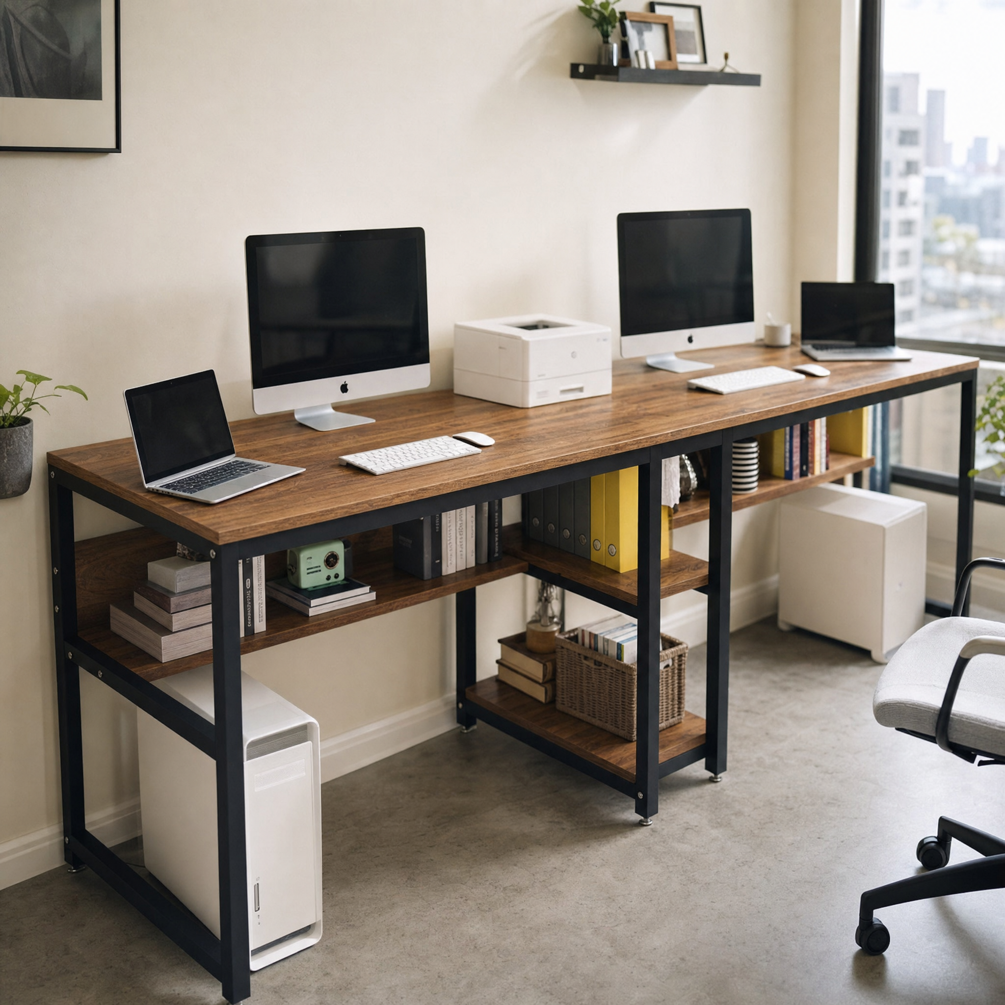 Rustic Two-Person Desk with Bookshelf for Home Office — 78.7in Double Workstation