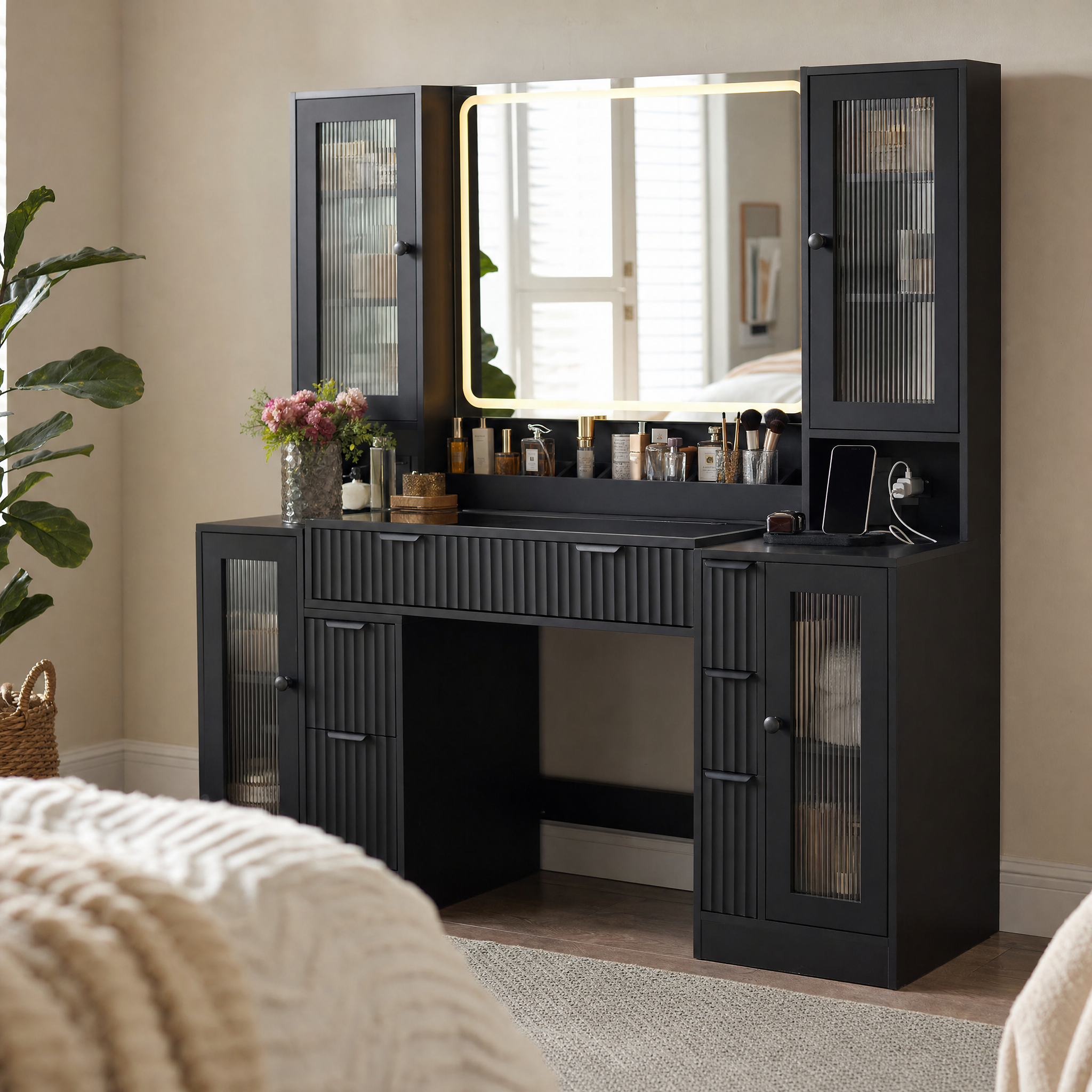 LED Makeup Vanity Desk with Mirror & Charging Station — 8 Drawers, Glass Cabinets, Matte Black
