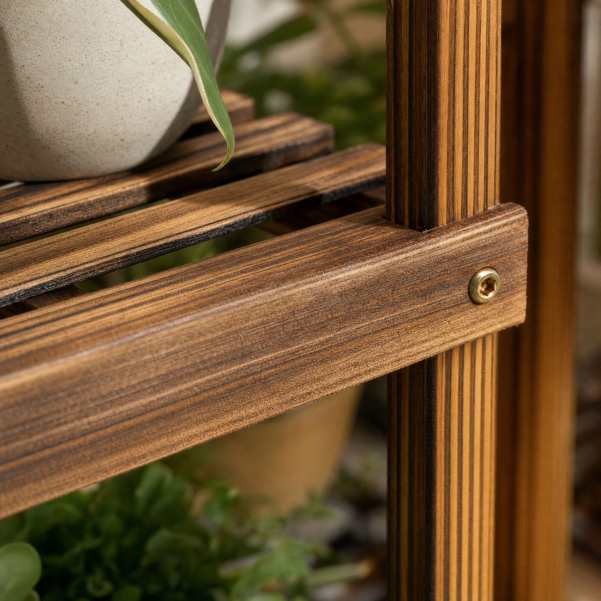 Carbonized Wood Plant Stand with Multi-Tier Slatted Shelves for Living Room — Holds 9+ Pots