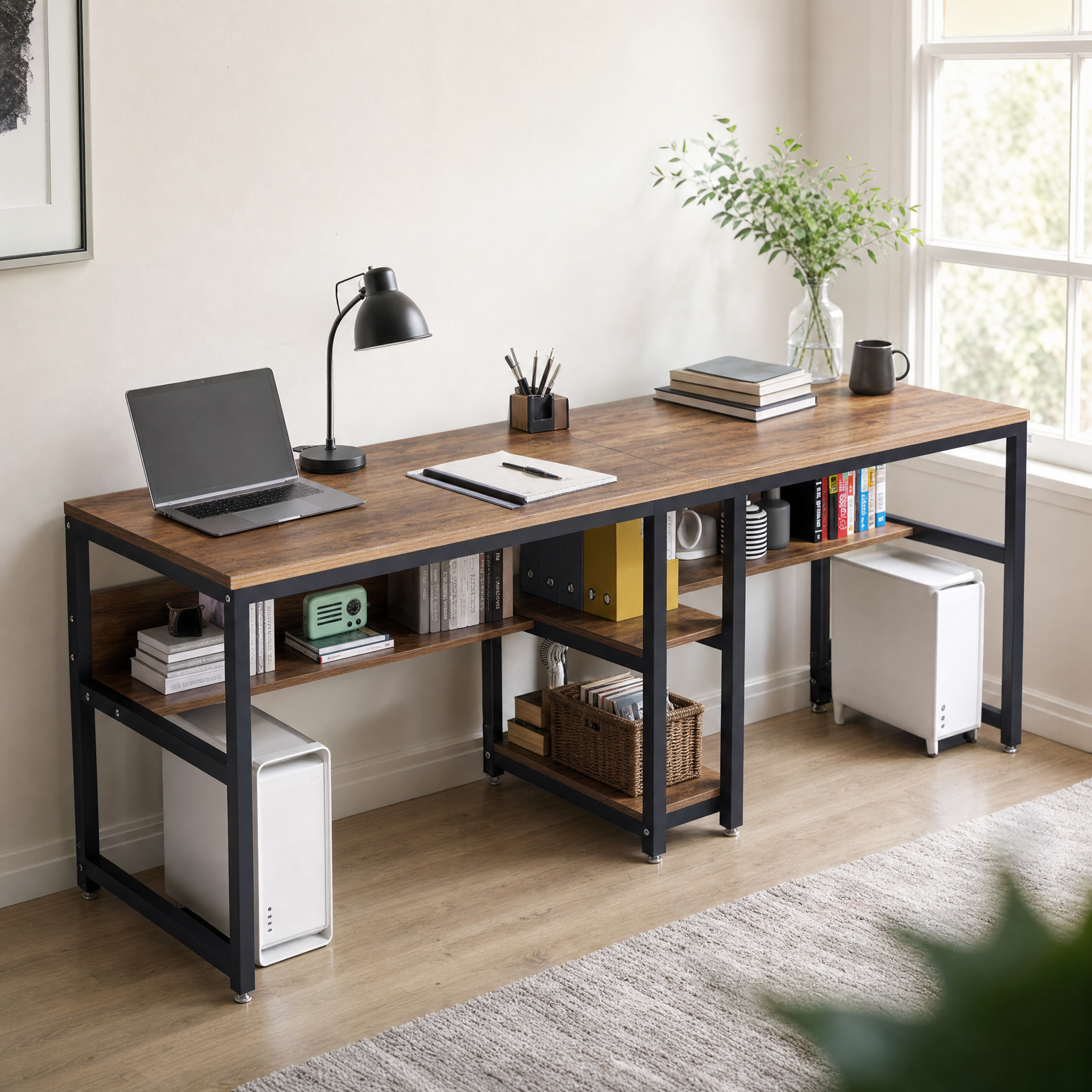 Rustic Two-Person Desk with Bookshelf for Home Office — 78.7in Double Workstation