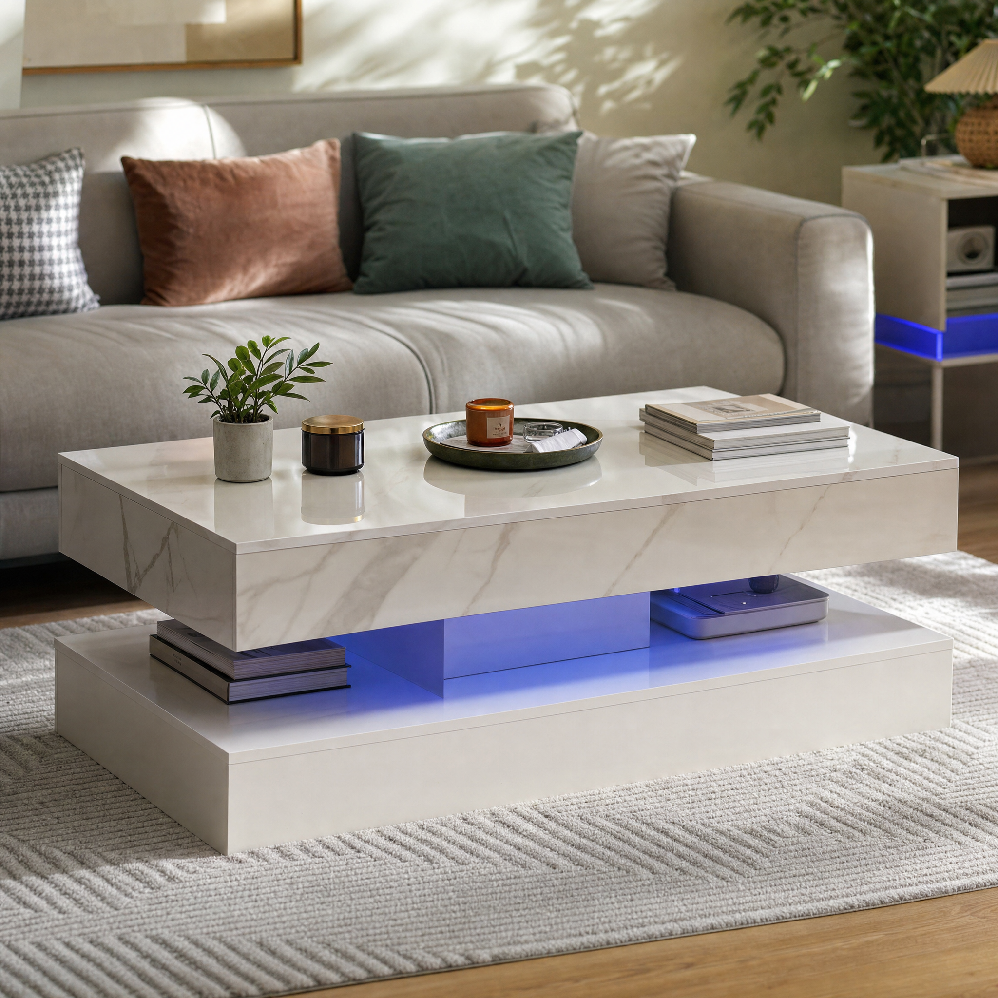 LED Coffee Table with Storage — Modern Faux Marble Coffee Table with Drawers for Living Room