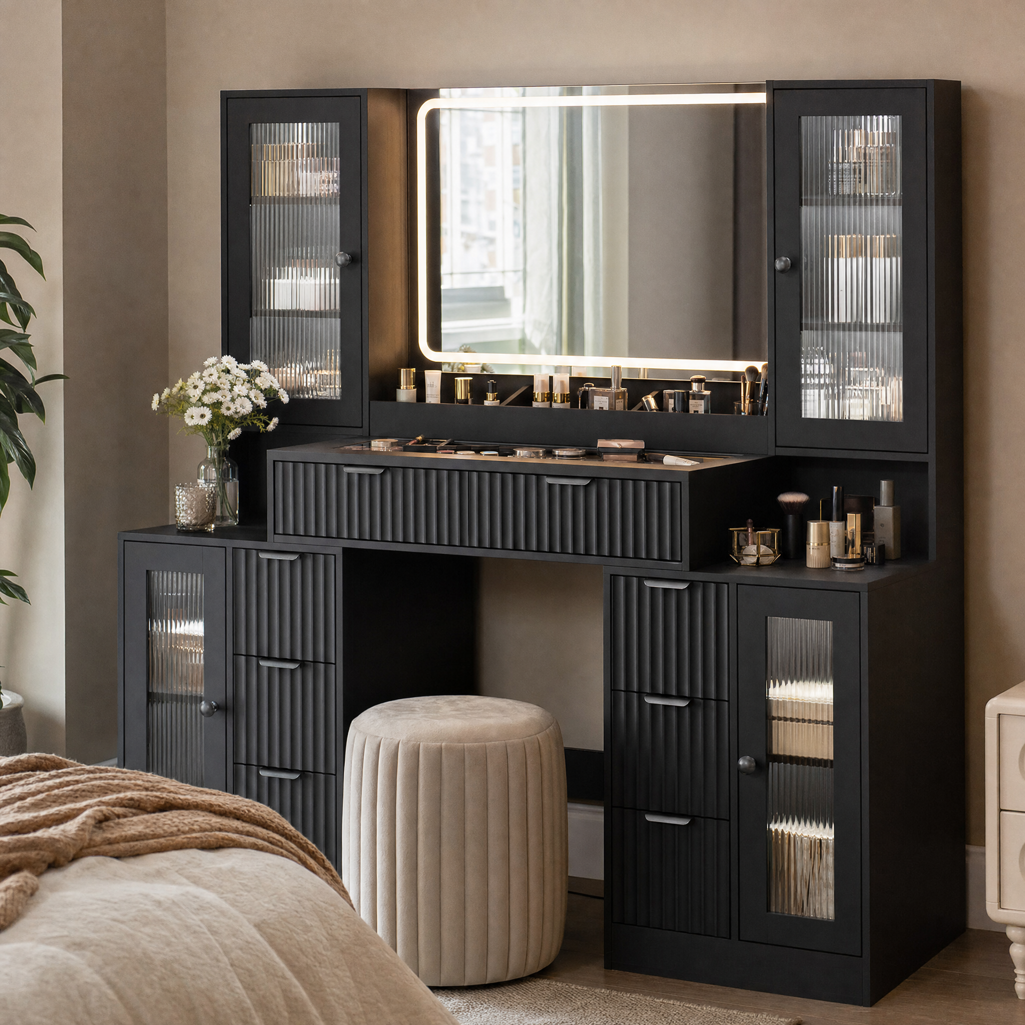 LED Makeup Vanity Desk with Mirror & Charging Station — 8 Drawers, Glass Cabinets, Matte Black